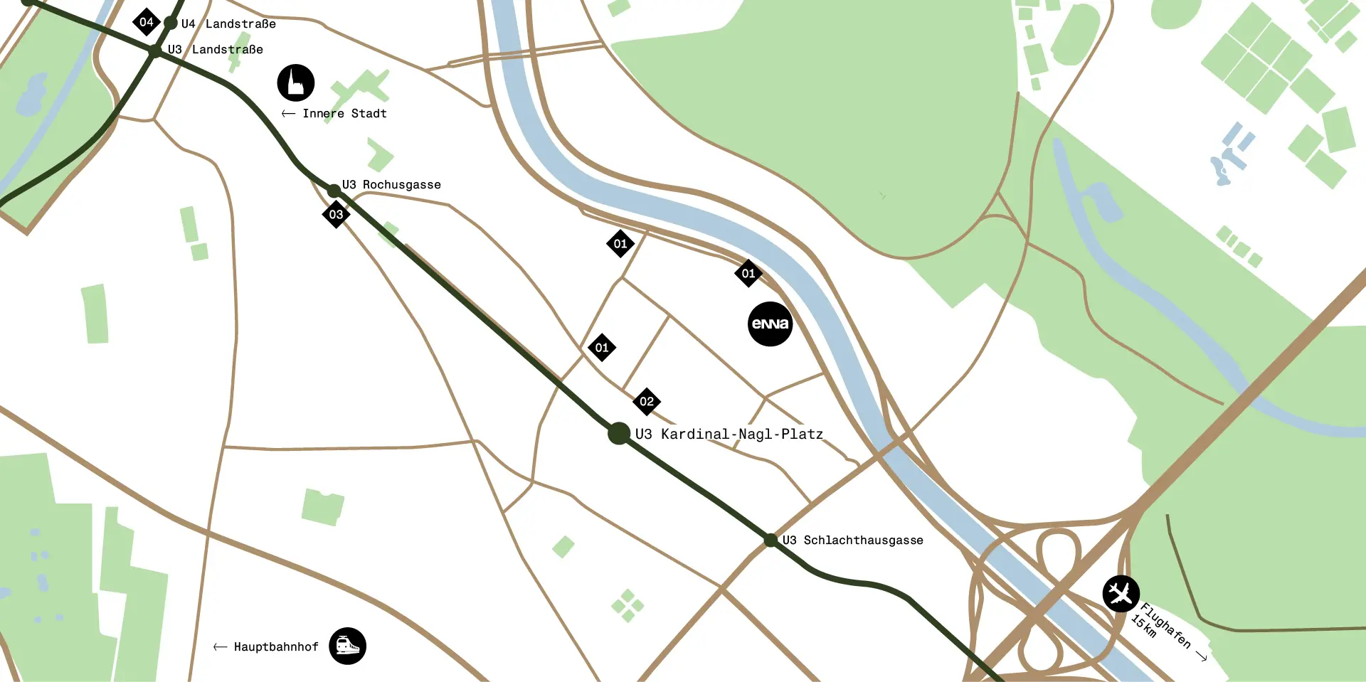 Karte, welche die Distanzen zu den Nahversorgungs-Hotspots rund um enna visualisiert