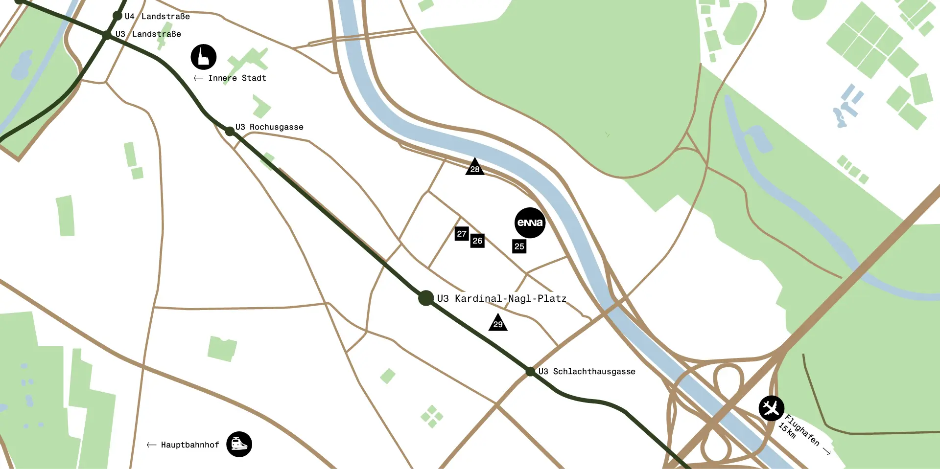 Karte, welche die Distanzen zu den Bildungsmöglichkeiten rund um enna visualisiert